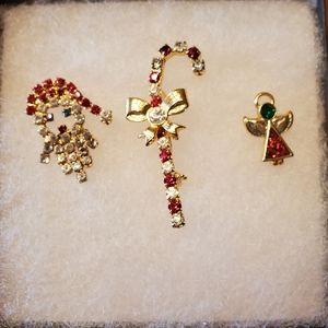 3 Gold Tone Rhinestone Christmas Santa, Candy Cane, and Angel Pins
